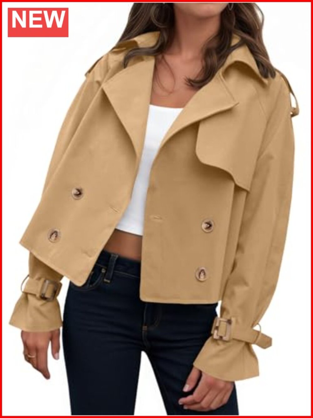 Womens Cropped Trench Coat Oversized Double Breasted Long Sleeve Jacket